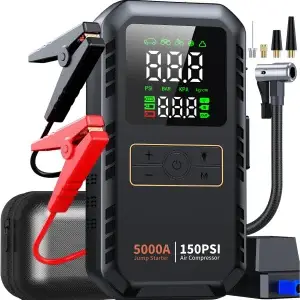 Portable jump starter with air compressor.