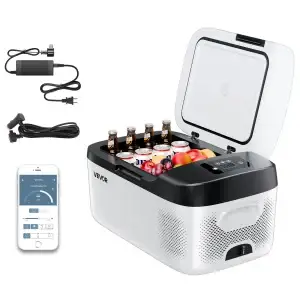 Portable camping fridge with freezer cooling.